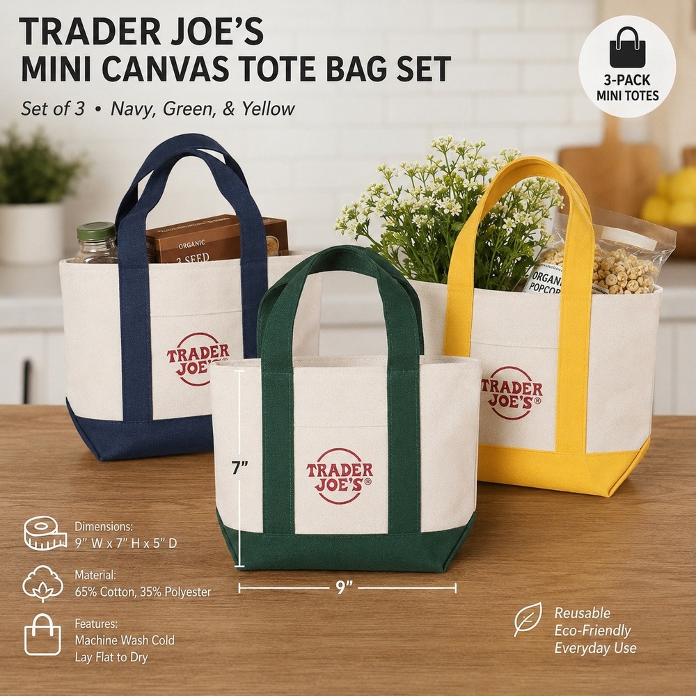Trader Joe's Mini Canvas Tote Bag Set of 3 Navy Green Yellow New NWT